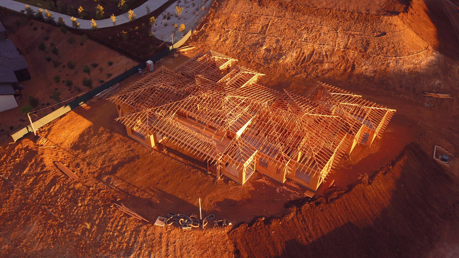 Aerial view of house under construction.