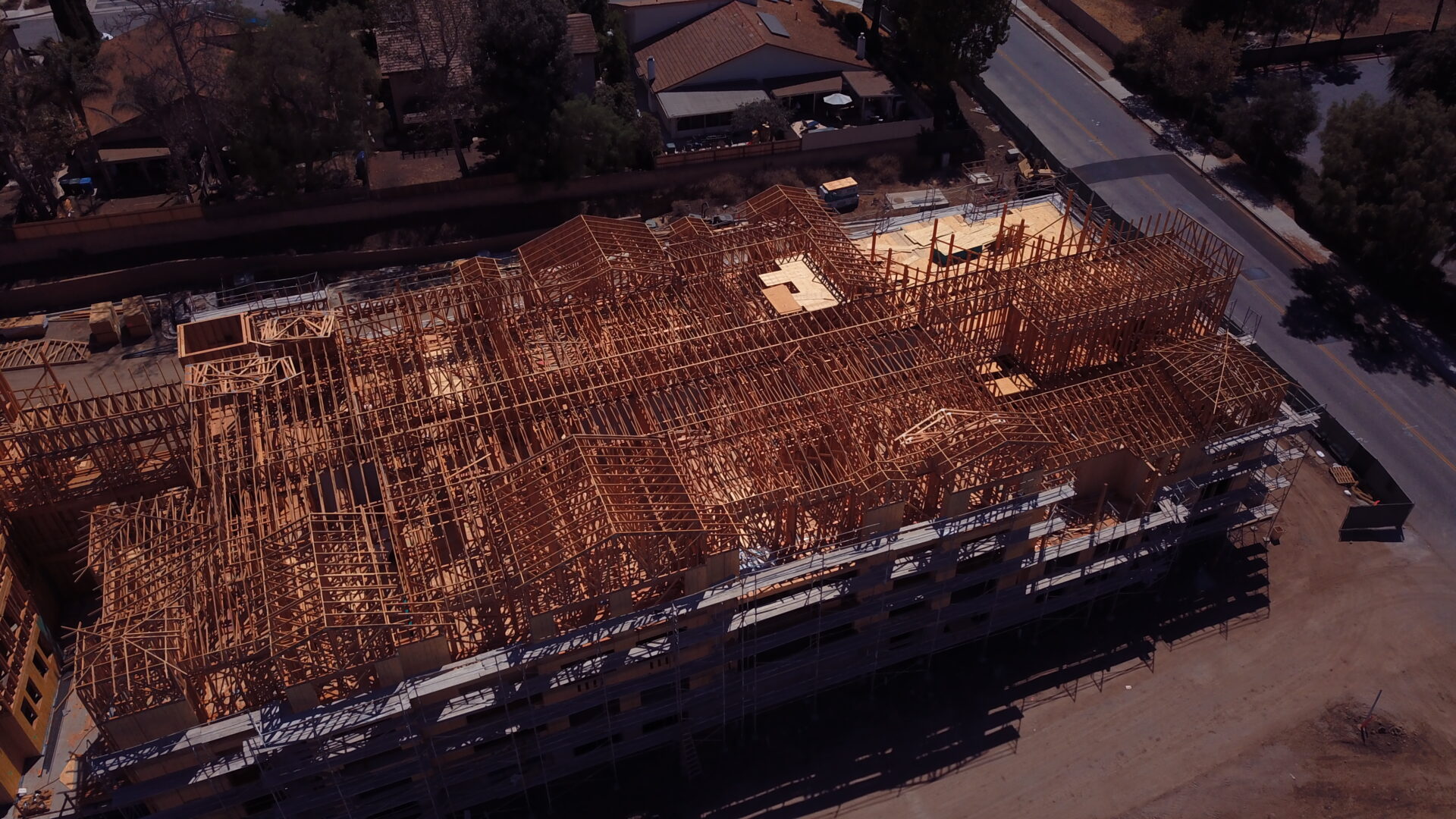 Aerial view of building under construction.